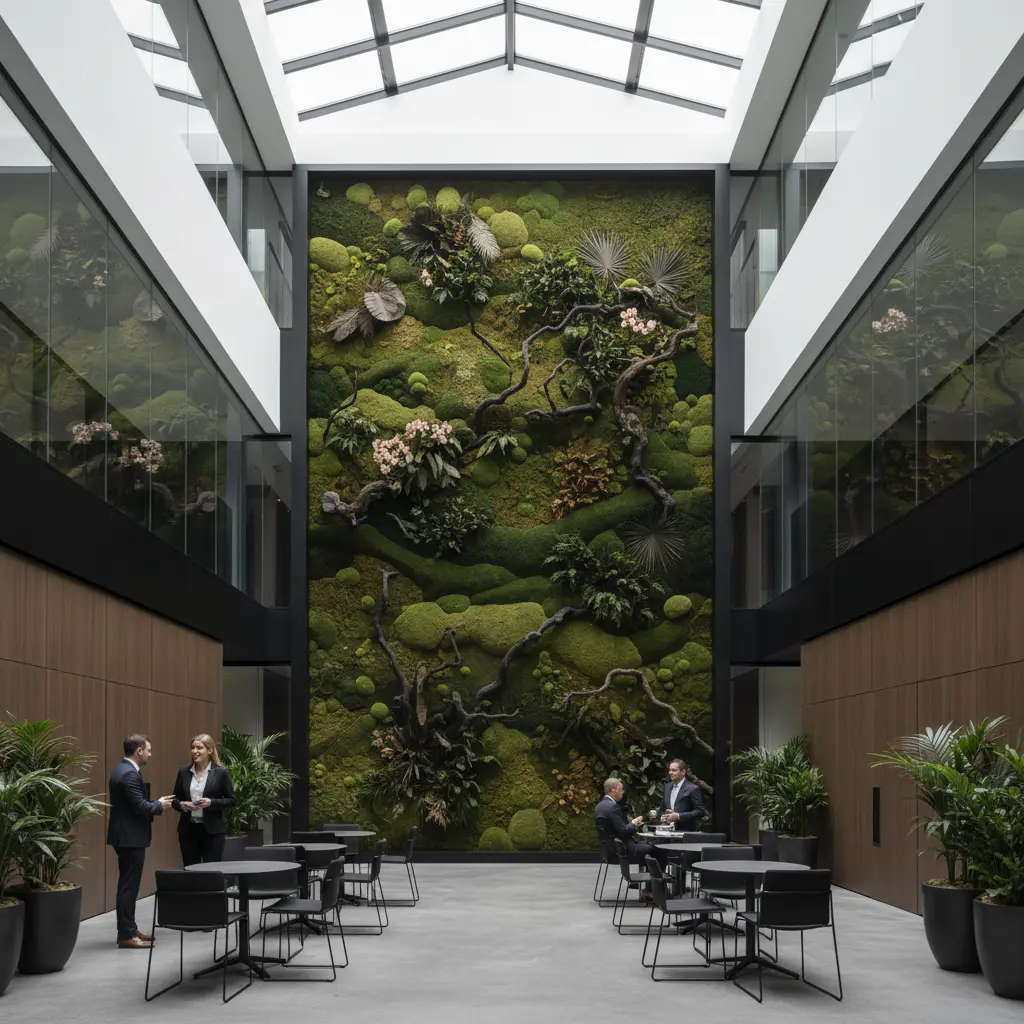 Corporate Atrium with expansive preserved moss wall