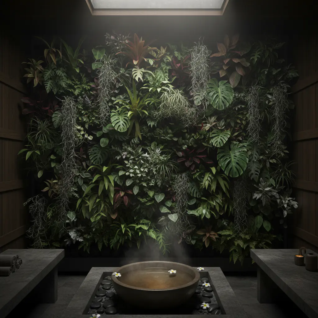 Lush tropical living wall in a private spa