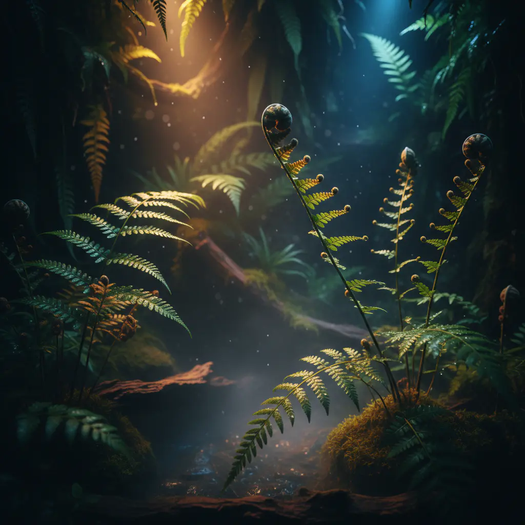 Detail shot of ferns and specialized lighting